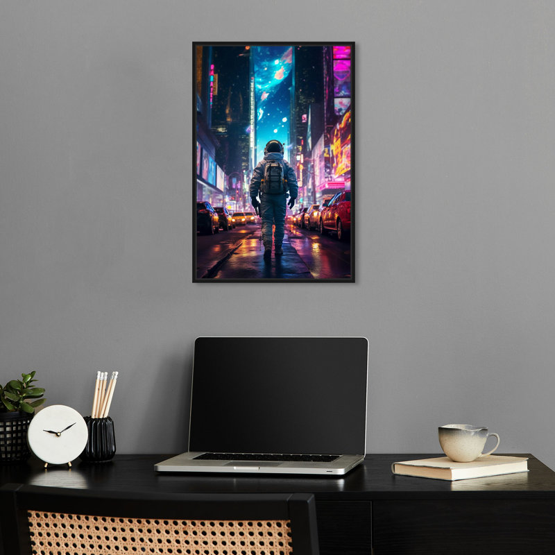 «Astronaut In The City», art moderne par Notoriart, Cadre noir, H 16 po x l 11 po