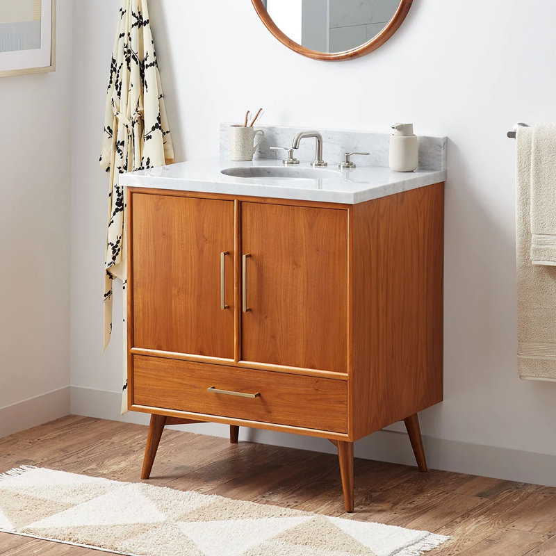 30" Novak Single Bathroom Vanity Set with Oval Undermount Sink, Natural Teak, 8" Widespread, Carrara Marble