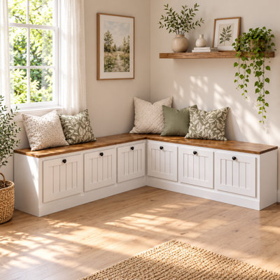 Banc de rangement en forme de L de 160 cm avec espace de rangement dissimulé, banc blanc pour coin repas avec plateau en bois pour salle à manger, cuisine et salon