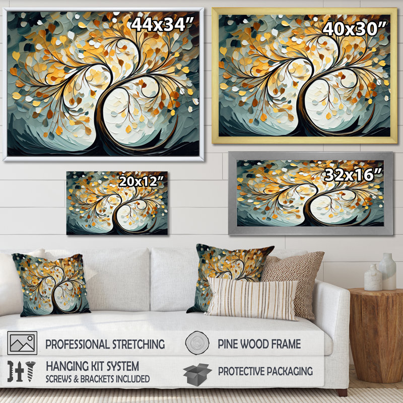Arbre jaune majestueux jaune et gris - arbres, art mural, Cadre doré simple, H 24 po x l 32 po x P 1 po