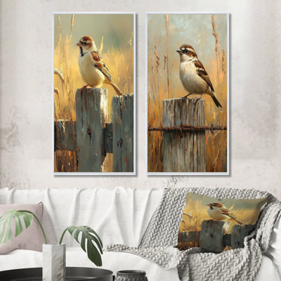 Oiseau moineau à la ferme, clôture I - animaux, art sur toile, collection 2 panneaux