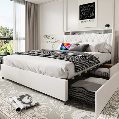 Noise- Queen Bed Frame With Ergonomic Headboard & Metal Storage - No Box Spring