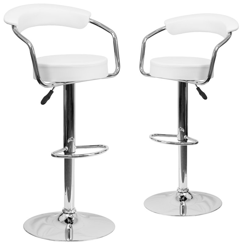 Damian Contemporary Vinyl Adjustable Height Barstool with Arms and Chrome Base, White