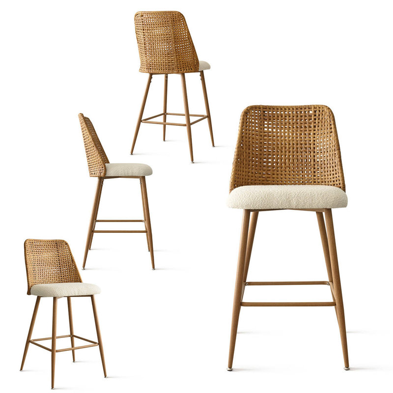 Camili Boucle Upholstered Rattan Counter Stools