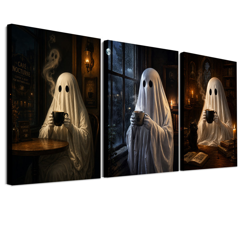 Ensemble de 3 toiles blanches fantômes buvant du café à l'Halloween, 24"H x 16"W x 3pcs