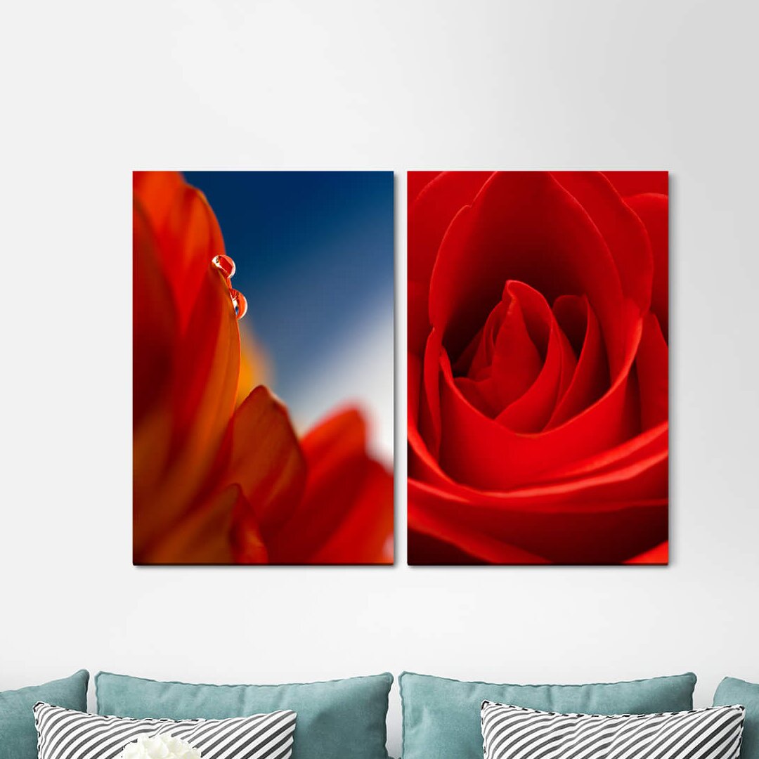 2-tlg. Leinwandbilder-Set - Grafikdruck „Rose Red Flower Water Drops Romantic Warm”