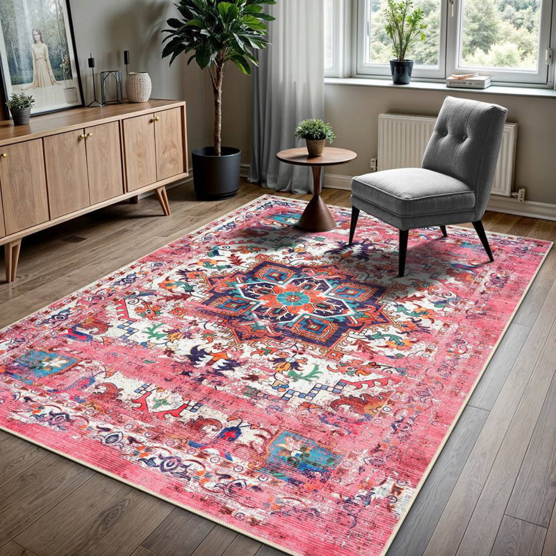 GLN Rugs Traditional Collection - Machine Washable Area Rug, Traditional Washable Rug, Non Slip Washable Rug, Low Pile Chenille Living Room Rug, Bedroom Rug, Kitchen Rug (Pink Rug)