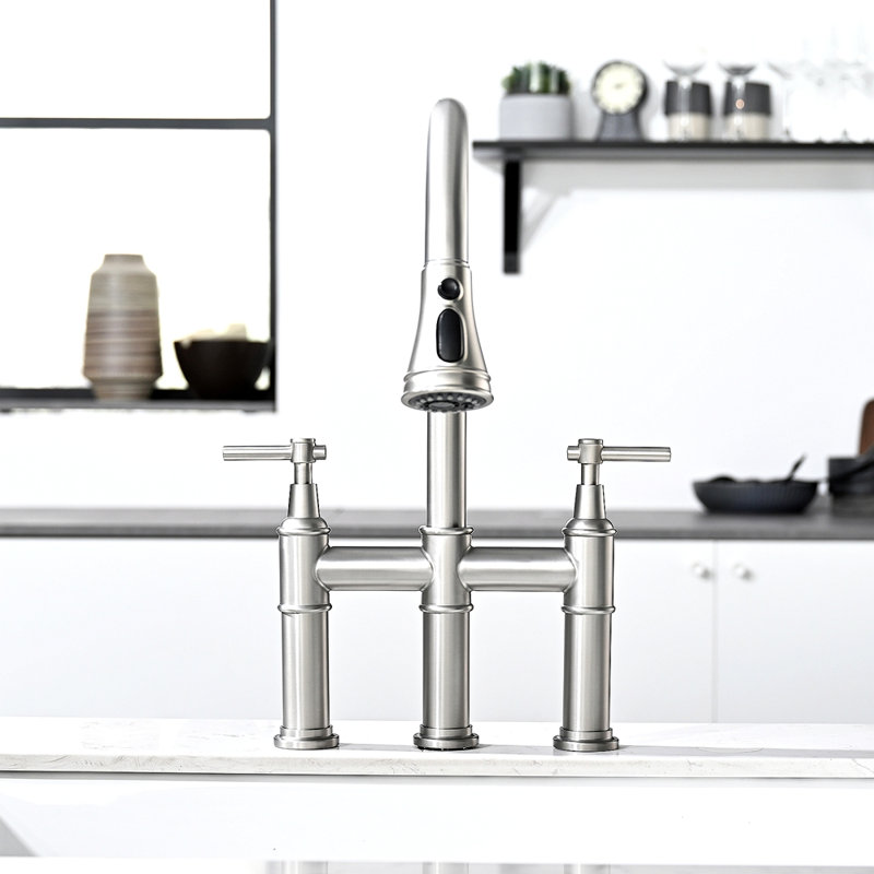 Robinet de cuisine à 3 trous avec douchette rétractable et robinet à 2 poignées pour évier de cuisine