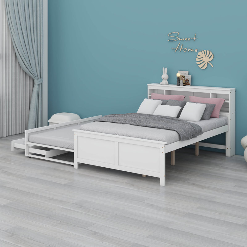 Lit plateforme double avec tête de lit, USB, lit gigogne simple et 3 tiroirs, Blanc
