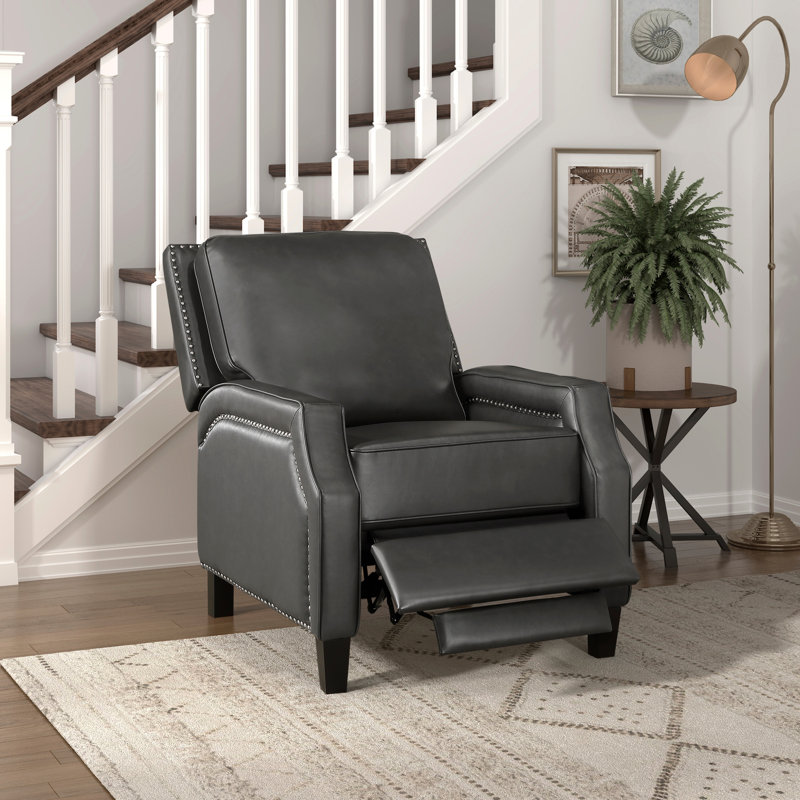 Chaise inclinable de style transitionnel en gris, en bois massif et en contreplaqué, siège inclinable en mousse gris, dossier amovible, confortable