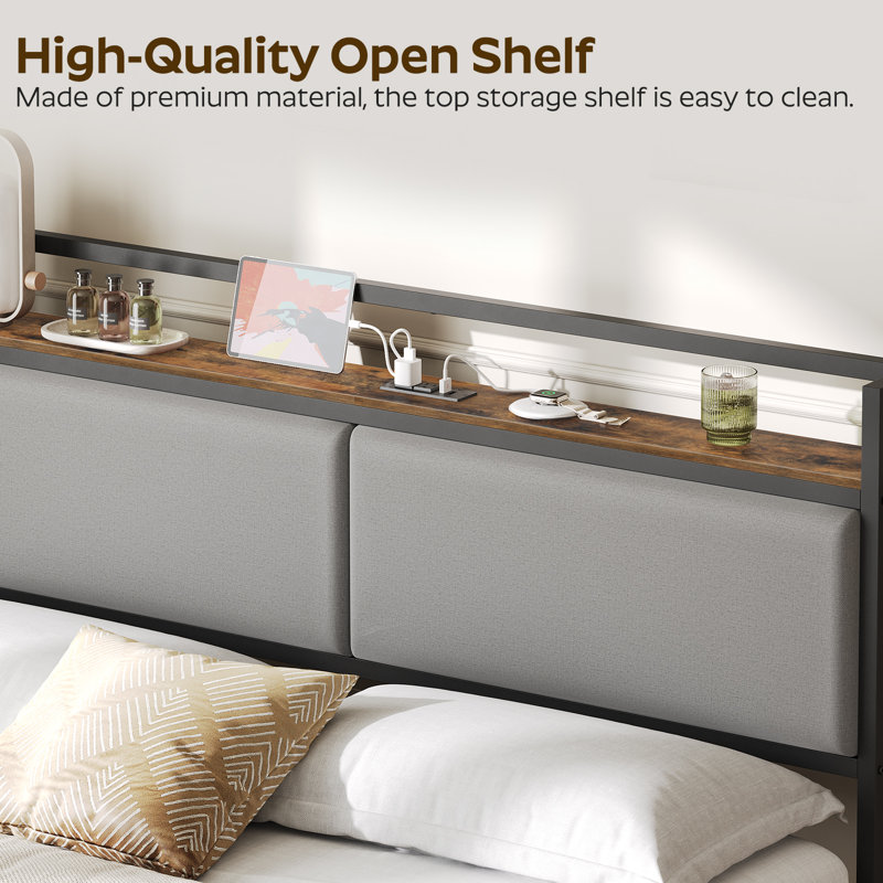 Upholstered Headboard with Charging Station and Open Storage, Queen