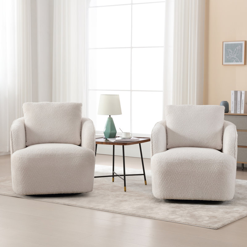 Upholstered Swivel Barrel Chair, Ivory Polyester Blend