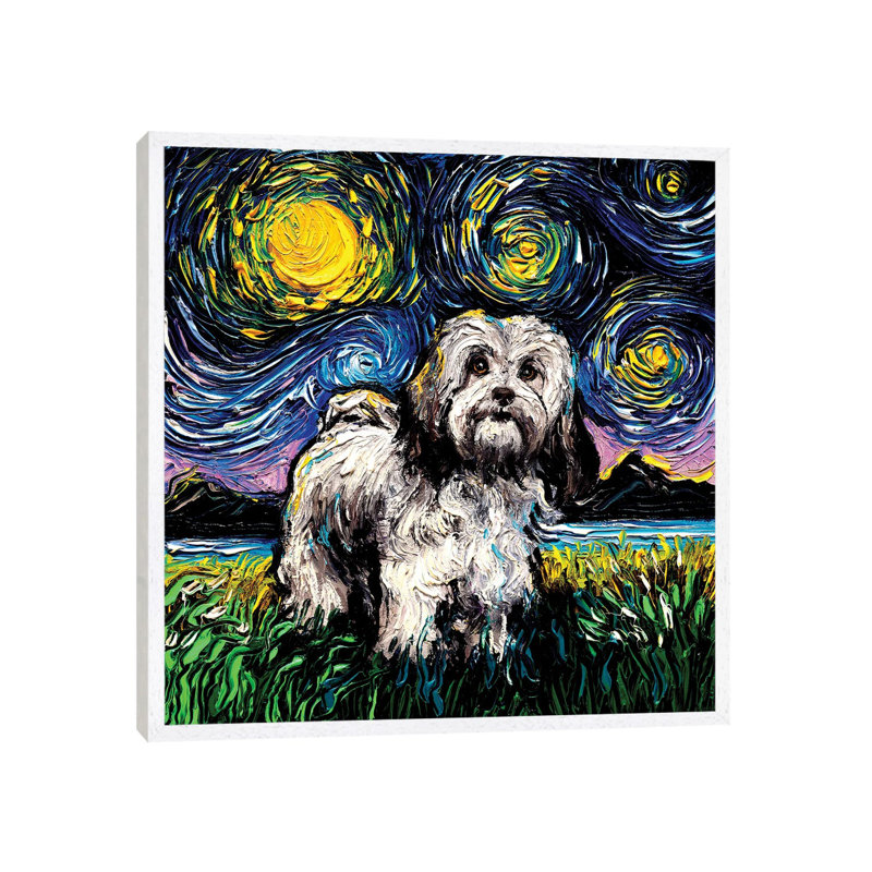 Lhasa Apso Night by Aja Trier - Painting on Canvas, White Framed, 66.04 cm H x 66.04 cm W