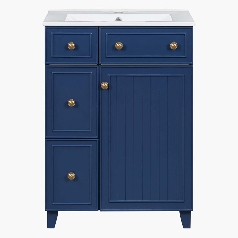 24-Inch Bathroom Vanity Cabinet with Ceramic Sink, 2 Drawers, 1 Door, Blue