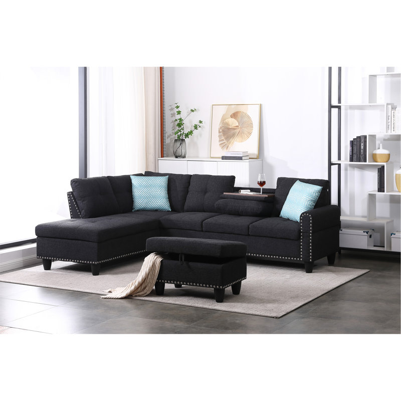 Sectional Sofa With Ottoman, Charcoal Gray Linen