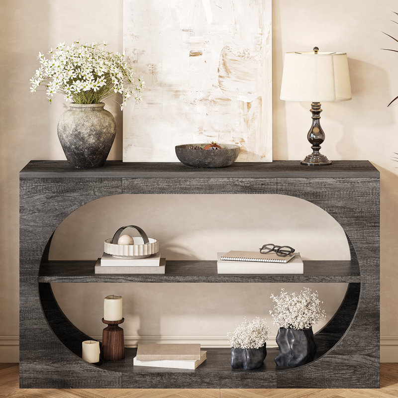 55" Farmhouse Console Table,3-Tier Large Capacity Long Entryway Table Sofa Table with Oval Hollowed Out, Grey