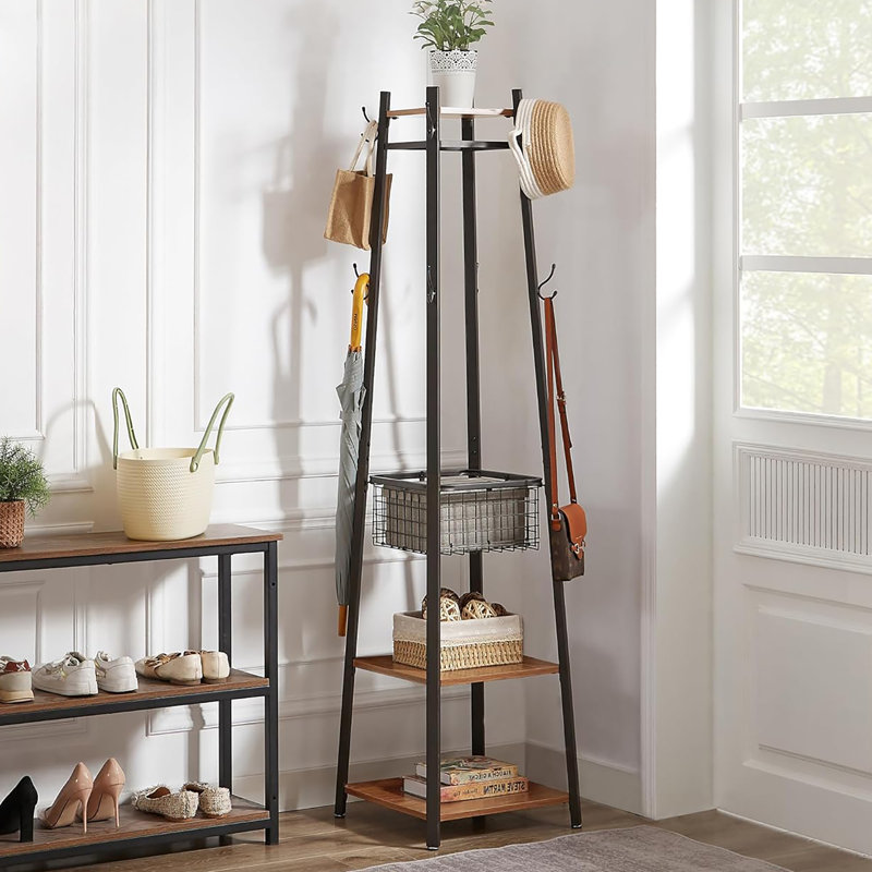 Portemanteaux de style industriel amélioré: 2 tablettes, panier en métal et 8 crochets doubles, Brun antique