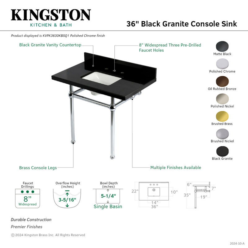 Kingston Brass Templeton 36-Inch Black Granite Console Sink with Brass Legs (8-Inch, 3-Hole), Oil Rubbed Bronze