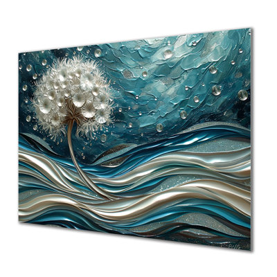 Silver Dandelion In Vibrant Turquoise Waves - Dandelion Wall Art Print