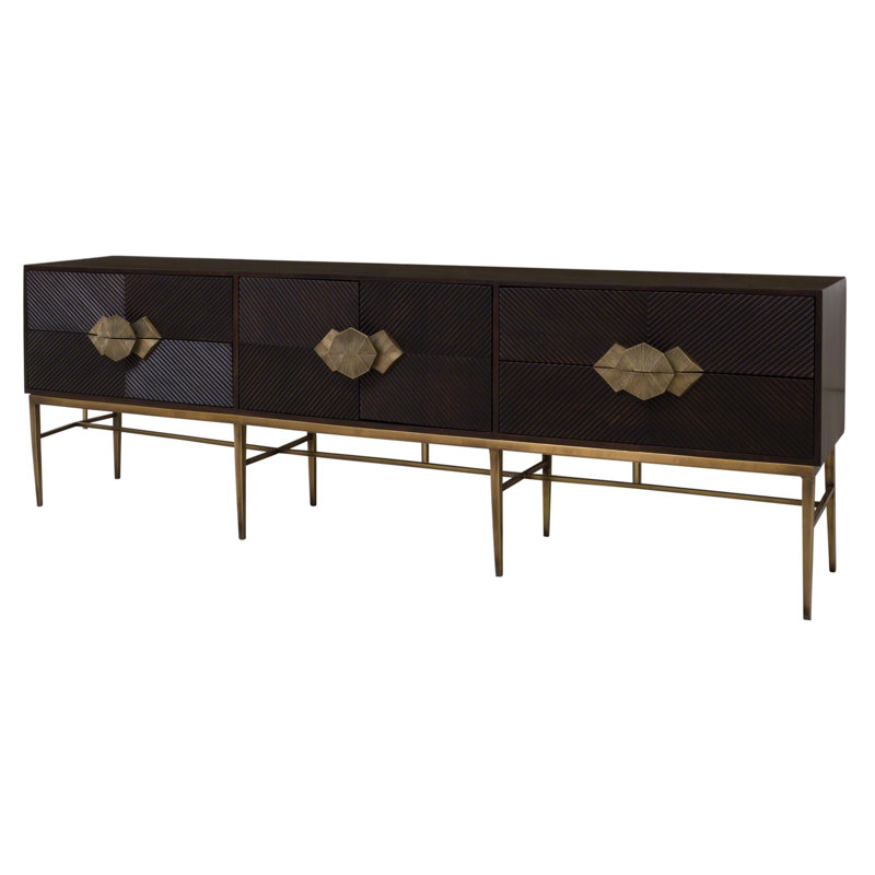 Dark Walnut Chevron Media Cabinet with Brass Hardware