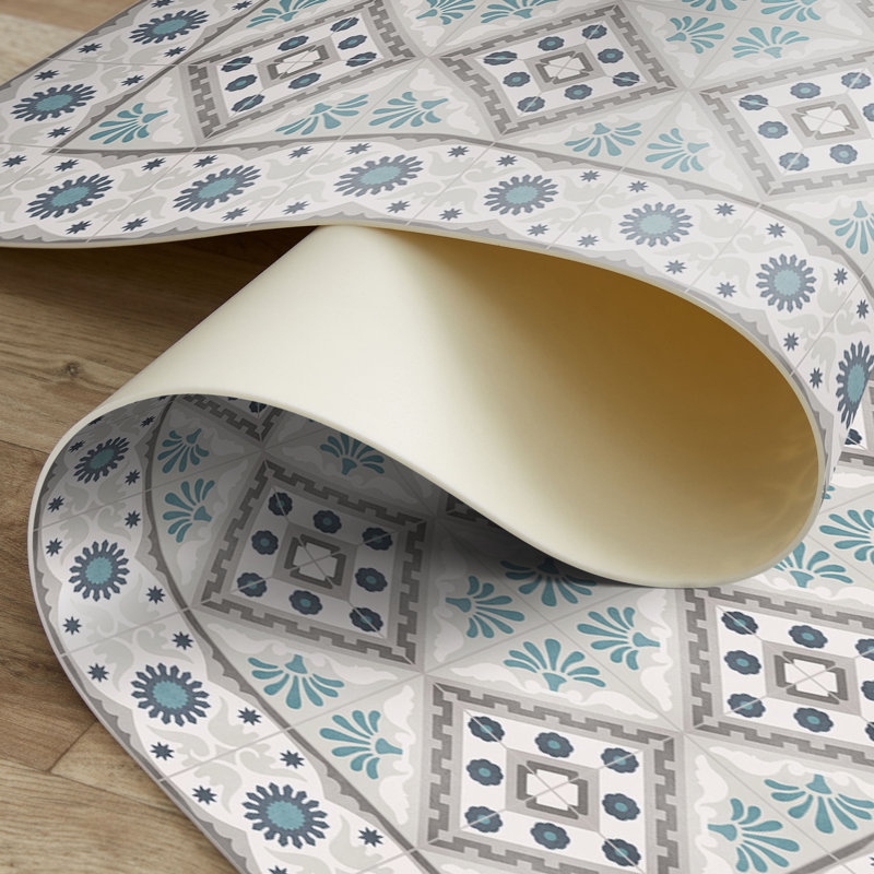 Fontana Geometric Blue  Easy to Clean Vinyl Mat, Runner 2' x 8'