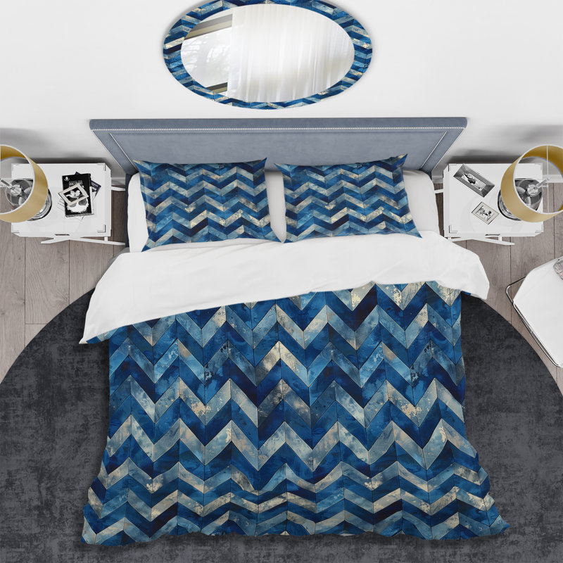 Blue Chevron Patterns I - Ensemble de housse de couette moderne, Housse de couette pour grand lit et 2 taies décor