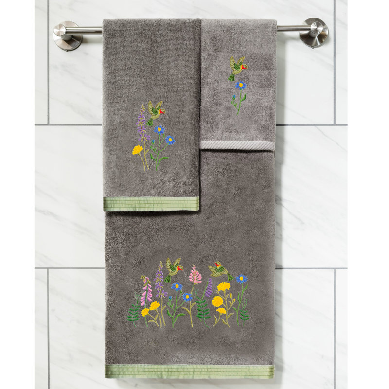 3 Piece 100% Turkish Cotton Hada Embellished Towel Set, Charcoal
