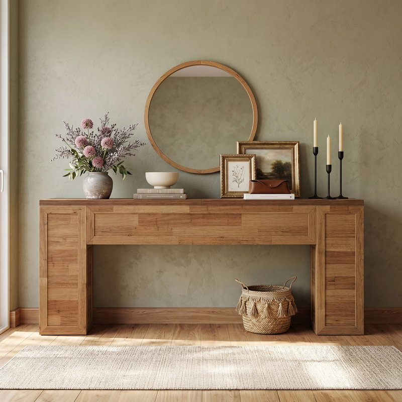 Console extra longue 79 po pour salon, table de ferme avec grain de bois patchwork chaleureux