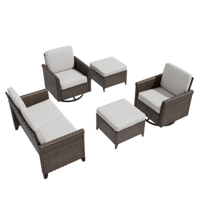 5-Piece Mix Brown Rattan Wicker Patio Outdoor Spacious Swivel Chair Conversation Set Sofa Seating Group with Cushion -  Hokku Designs, 17C40FB44A1940229BAE08FF62CD0A30