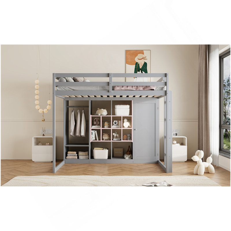 Lit mezzanine en bois pleine grandeur avec garde-robe, tablettes et armoire, gris et rose, Rose / Gris, Lit double