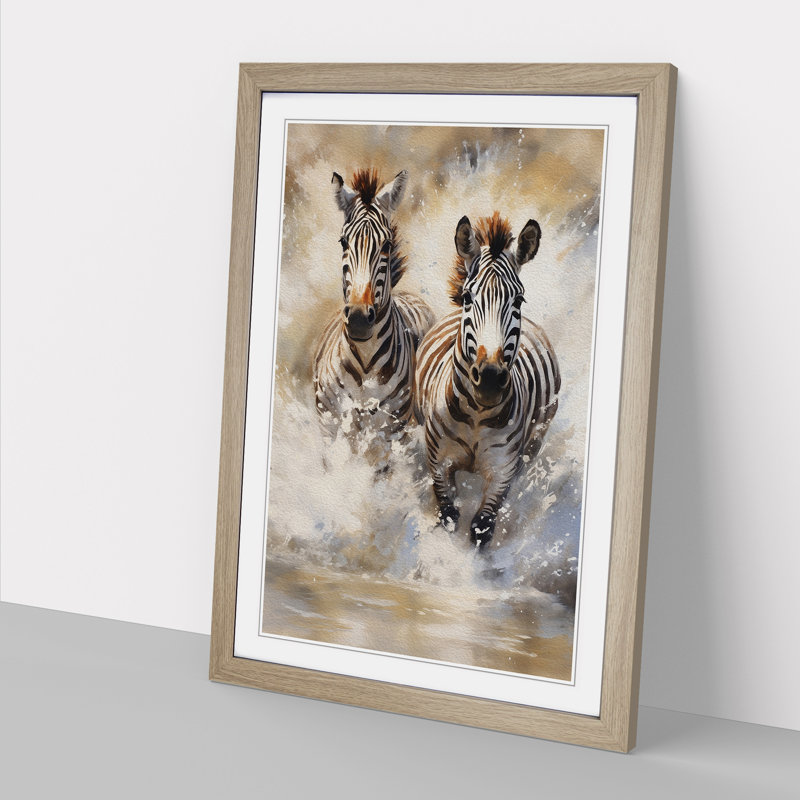 Zebra Impressionism - Single Picture Frame Print on Wood, 64cm H x 46cm W x 2cm D, Oak