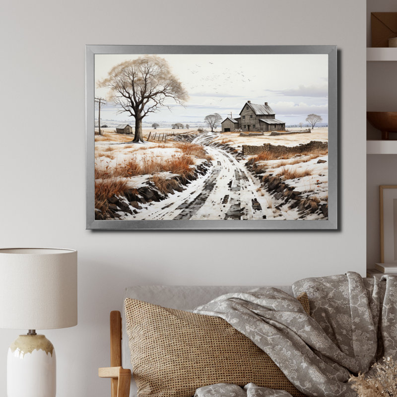 " Winter Farm Monochrome Harvest I ", H 34 po x l 44 po x P 1,5 po, Cadre simple argenté