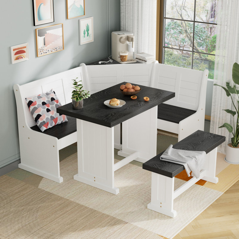 FSC Solid Pine L-shape Breakfast Nook Set Dining Corner Set With Charging, Storage & Reversible Bench (seats 3-5)