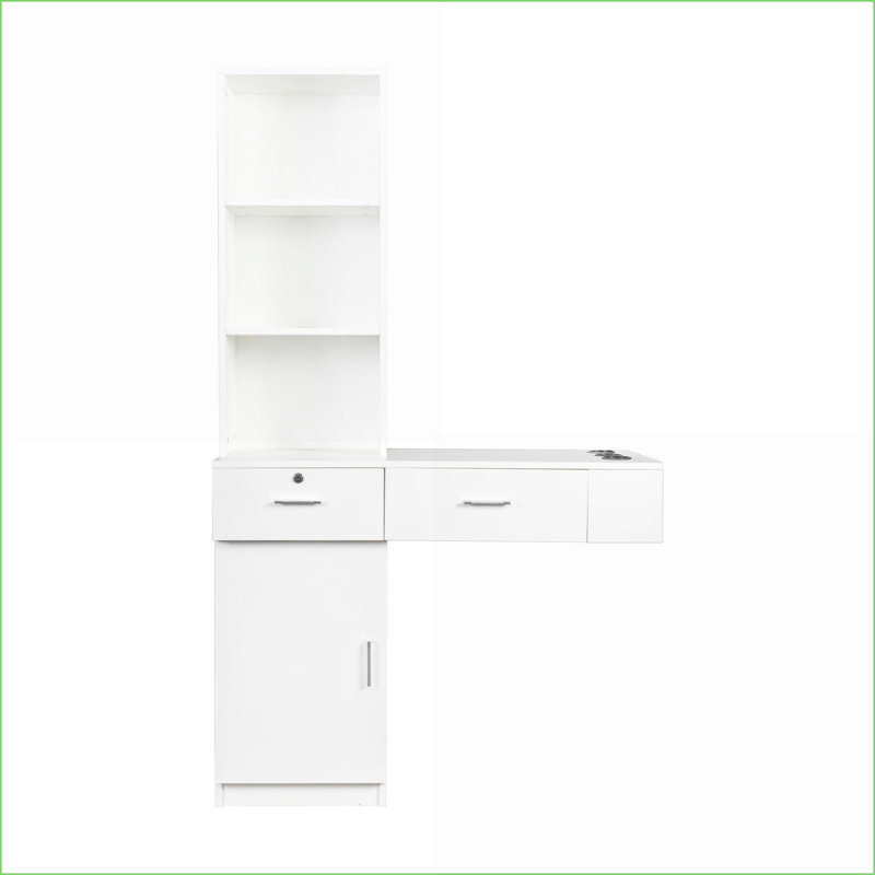 Hair Styling Desk, White Modern with Multi-Layer Storage | 2 Drawers + Cabinet | White | MDF, White