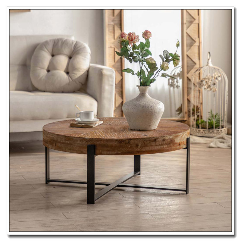 Table basse ronde, plateau en bois de sapin avec pieds en croix dorés, H 13,38 po x L 31,29 po x l 31,29 po, Noir