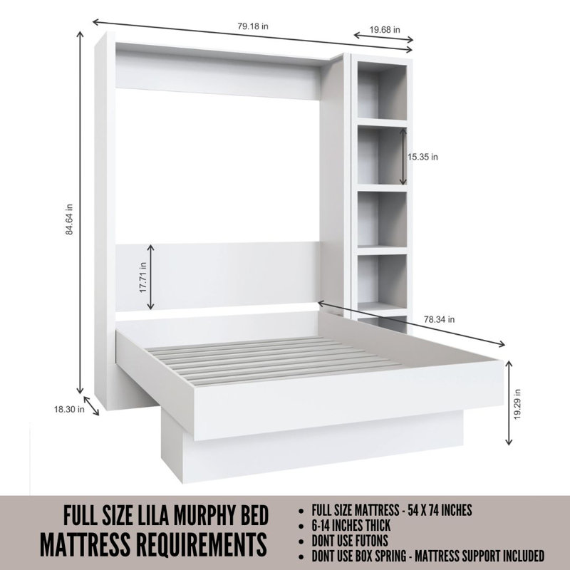 Easy-Lift Murphy Wall Bed with Bookshelf, White, Full/Double