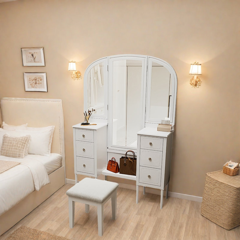 Meuble-lavabo antique avec 3 miroirs, 6 tiroirs, bureaux latéraux et tabouret