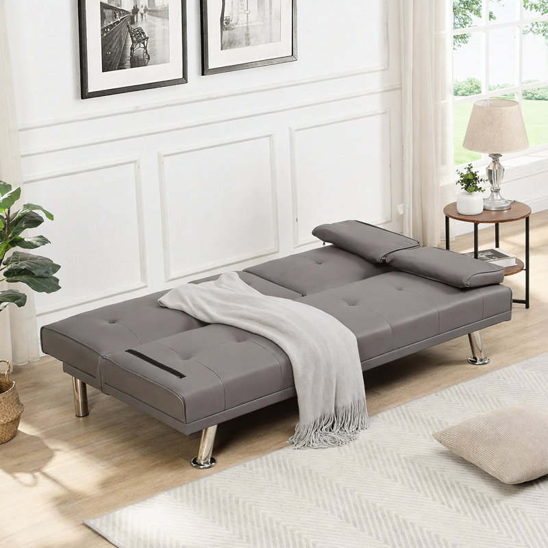 Canapé-lit avec accoudoirs, deux supports, structure en bois, pieds en acier inoxydable, PVC gris futon, Gris