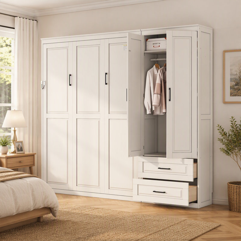 Grand lit escamotable avec garde-robe et tiroirs de rangement, tête de lit tapissier, White
