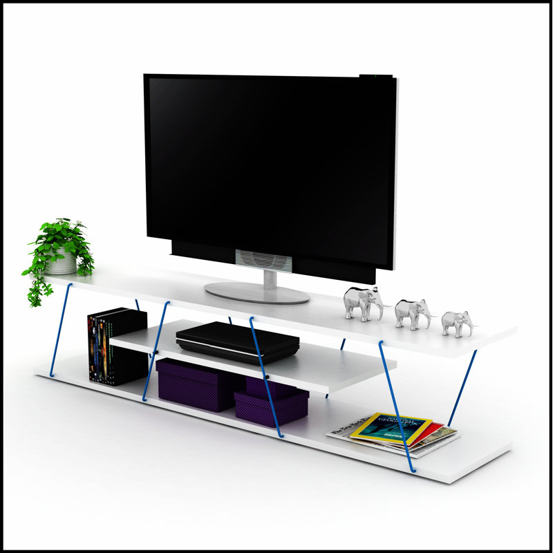 FurnisHome Store Tars Mid Century Modern TV Stand with 4 Shelves, Open Storage, and Metal Cords, 56 Inch Low TV Unit, White