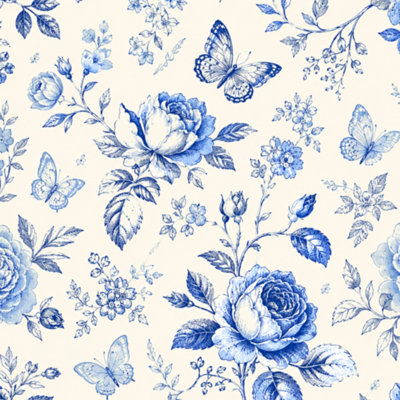 Papier peint auto-adhésif à motif floral rétro avec motif de roses sauvages et de papillons bleus et blancs adhésifs amovibles pour armoires de cuisine de chambre à coucher 24 po x 118 po