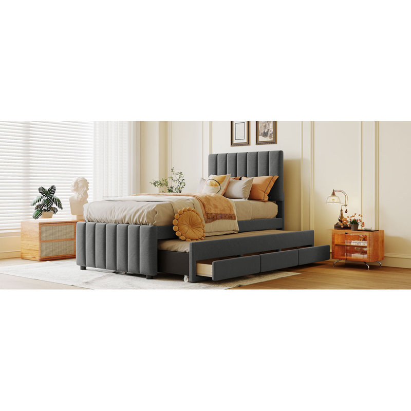 Lit plateforme simple tapissier avec lit gigogne et 3 tiroirs, tissu en lin, gris, gris