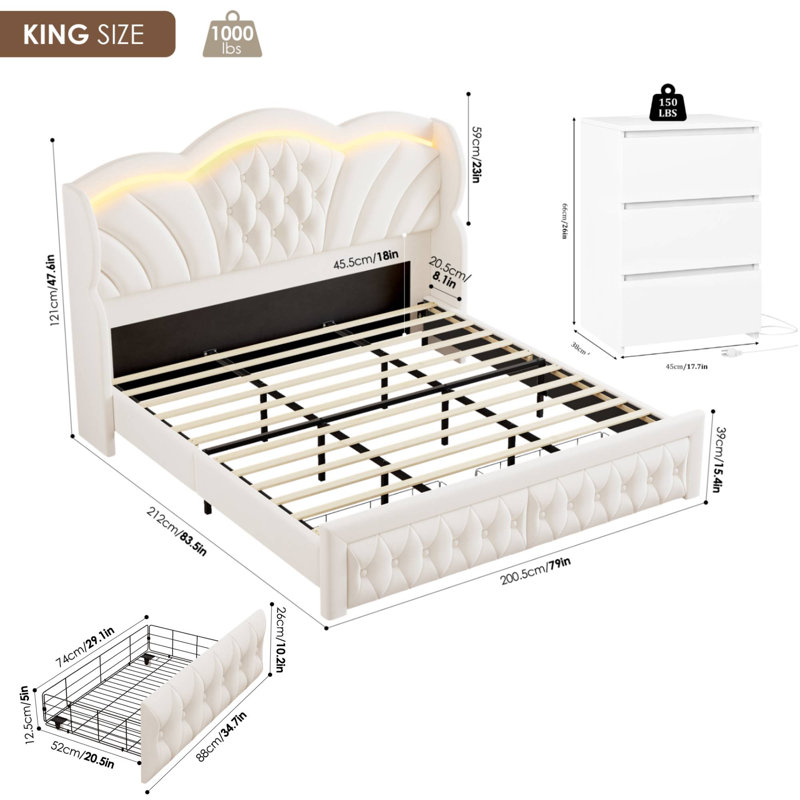 ON SALE 3-Piece Bedroom Sets, Velvet Upholstered Wingback Bed With LED Headboard And Storage Drawers, 2 3-Drawer Nightstands With Charging Port