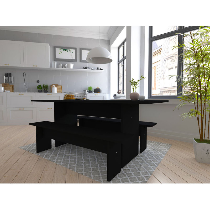 Nomad Modern 3-Piece Dining Set with Dining Benches in Black, Black