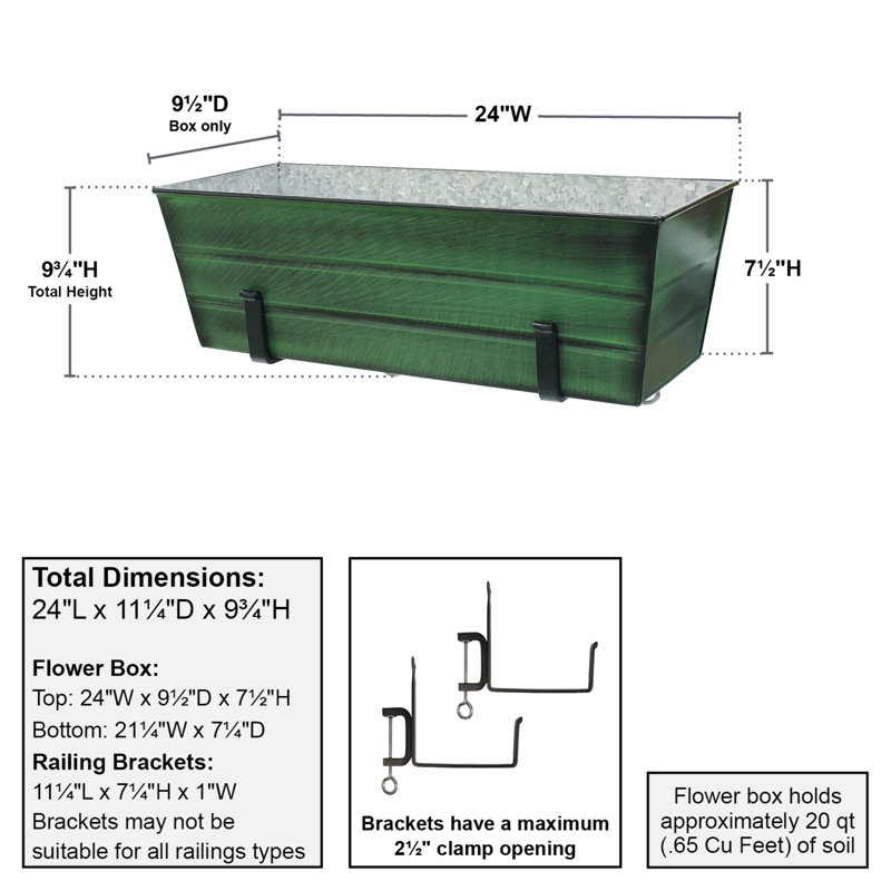 Medium Green Galvanized Steel Flower Box with Black Brackets