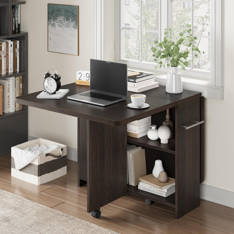 Folding Dining Table, Drop Leaf Dining Table With 6 Wheels And 2-Layer Storage Shelf, Tan