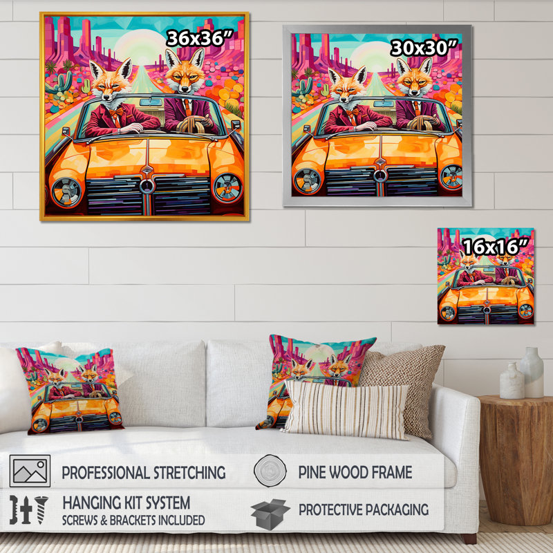 Art mural, renard aventureux au volant II, H 36 po x l 36 po x P 1,5 po, Cadre flottant doré