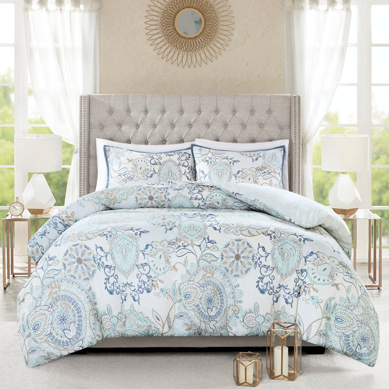 Très grand / très grand lit - Housse de couette réversible à motif floral en coton, motif en médaillon, teintes douces, motif inversé complémentaire, fermeture à boutons, style (les informations sur le produit ne mentionnent pas le style, donc