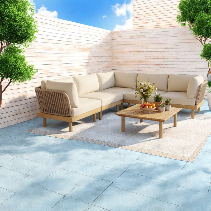Spacieux canapés de patio 6 pièces, salon moderne en bois d'acacia pour la maison