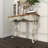 Aine Metal Scroll White Console Table with Brown Wood Top
